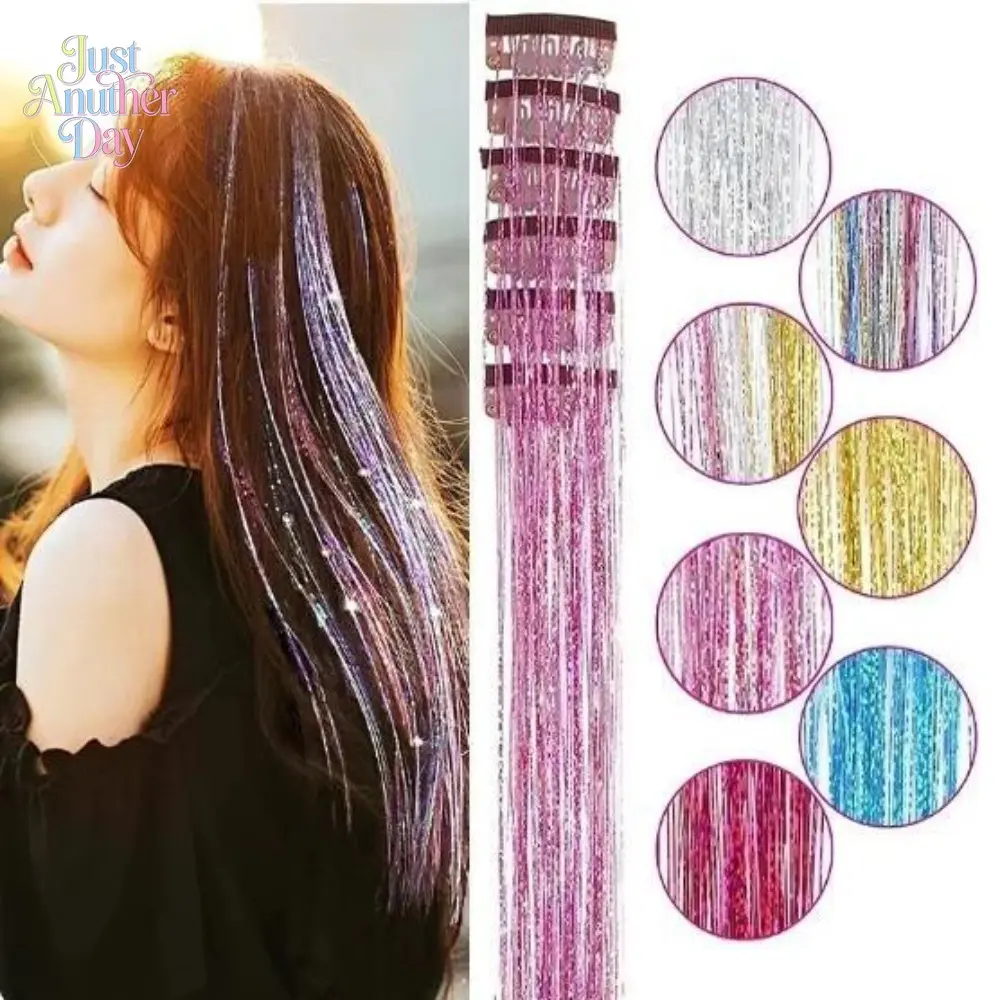 12pcs Women’s Sparkly Hair Tinsel Strands, 12Pcs Laser Glitter Hair Extensions with Clips, Metallic Shiny Hair Tinsel, No Glue Needed, Great for Temporary Hair Color, Raves, and Everyday Glam Looks