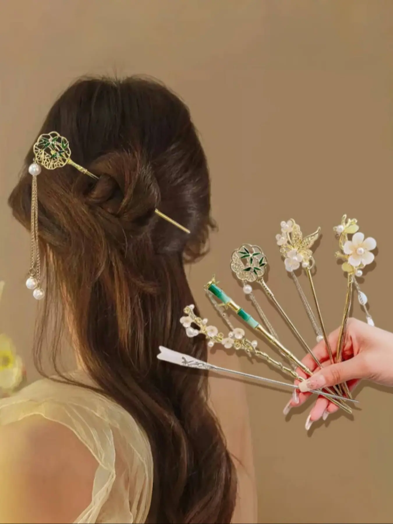 6-piece set of antique Chinese style hair accessories, suitable for Hanfu and Qipao, made of alloy imitation jade material, suitable for daily use, Fashion Hair Accessories, Hair Pin Set, Hairclips, Hairpins
