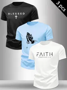 Men's 3-Pack Christian Faith Graphic Round Neck T-Shirts, Blessed Cross Praying Hands Print Casual Tees, Religious Streetwear Tops, Menswear Fashion #ChristianApparel #FaithWear #MensGraphicTees #ReligiousClothing #TikTokMadeMeBuyIt