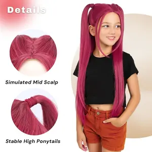 Long Straight Hot Pink Cosplay Wig with 2Ponytails for Halloween Party Costume (Small Size) Costume Wig cosplay Demon Wig Anime Hunters Wigs Long Straight Hair Accessory for Women(Pink, Long, Straight)+ Hair Cap