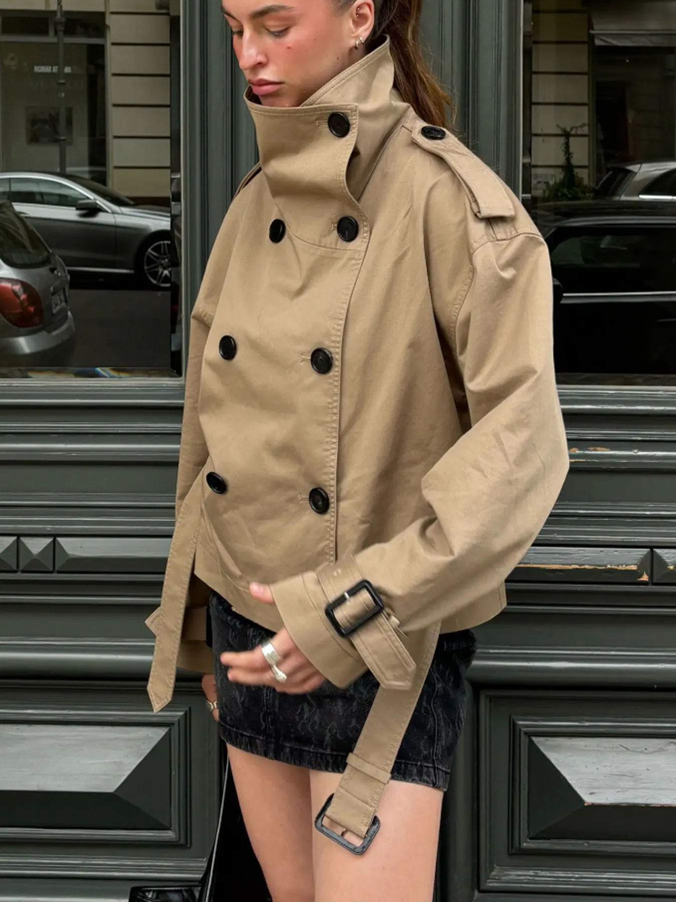 Women's Windbreaker Beige Cropped Trench Coat Double Breasted Fitted Long Sleeve Jacket with Belted Waist Shoulder Casual Womenswear Layered Outerwear Female Coat Spring Summer Casual Chic Fashion Fitted Outerwear