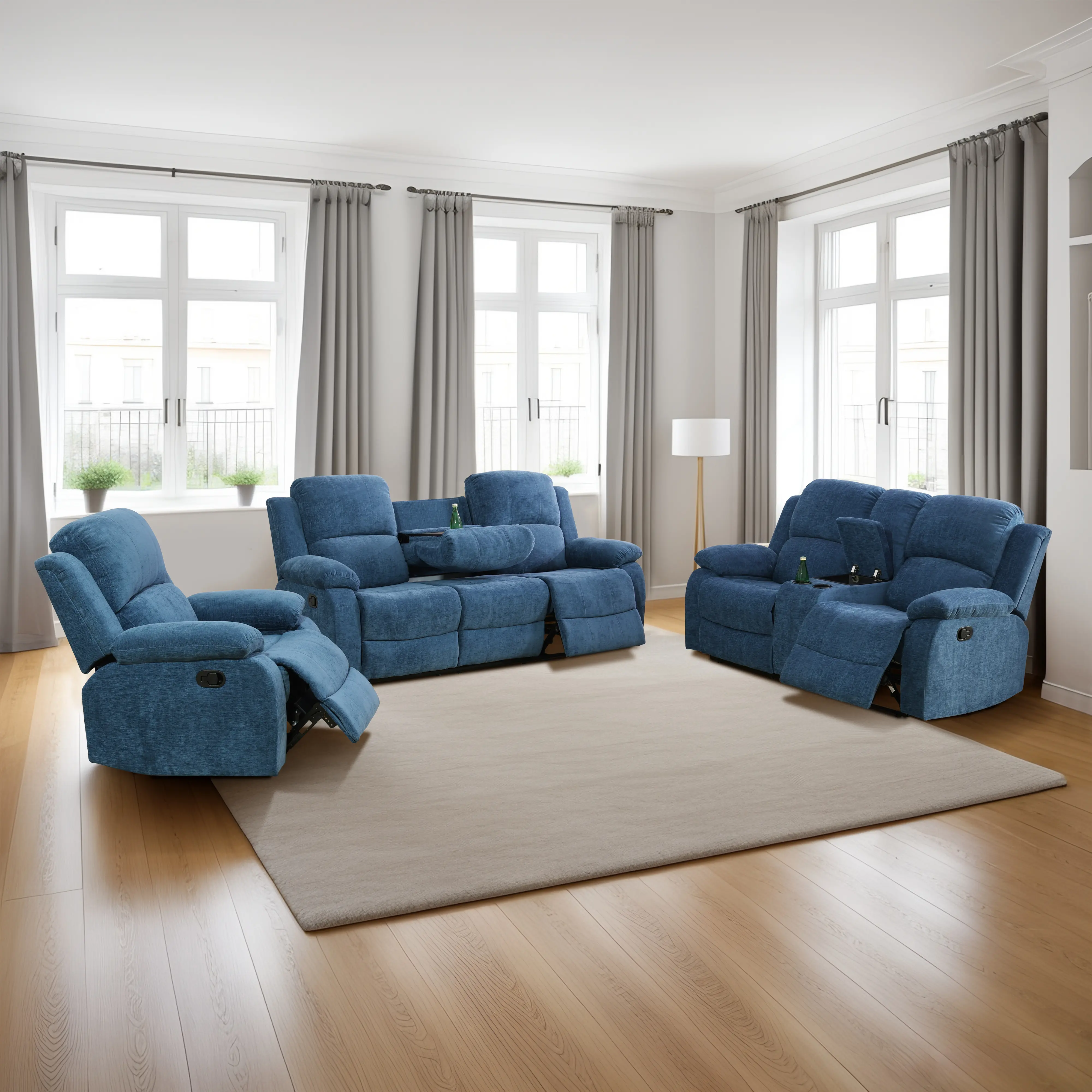 Modern 3-Pieces Light Blue Fluffy Cotton Upholstered Sectional Sofa - Sturdy Plush Accent Couch with Adjustable Arms, Compact Form, Seats 5, Assembly Required, for Living Room Seating