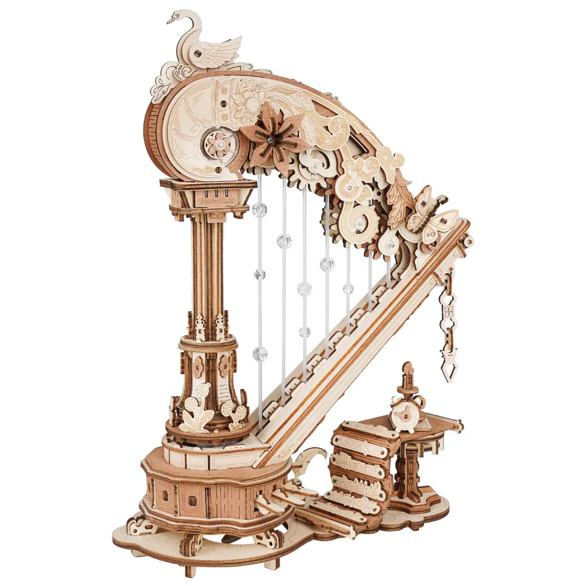 ROBOTIME ROKR 3D Wooden Puzzle Stringed Harp Music Box DIY Handmade Magic Cello Mechanical Music Box with Moveable Stem Creative Toy AMK71