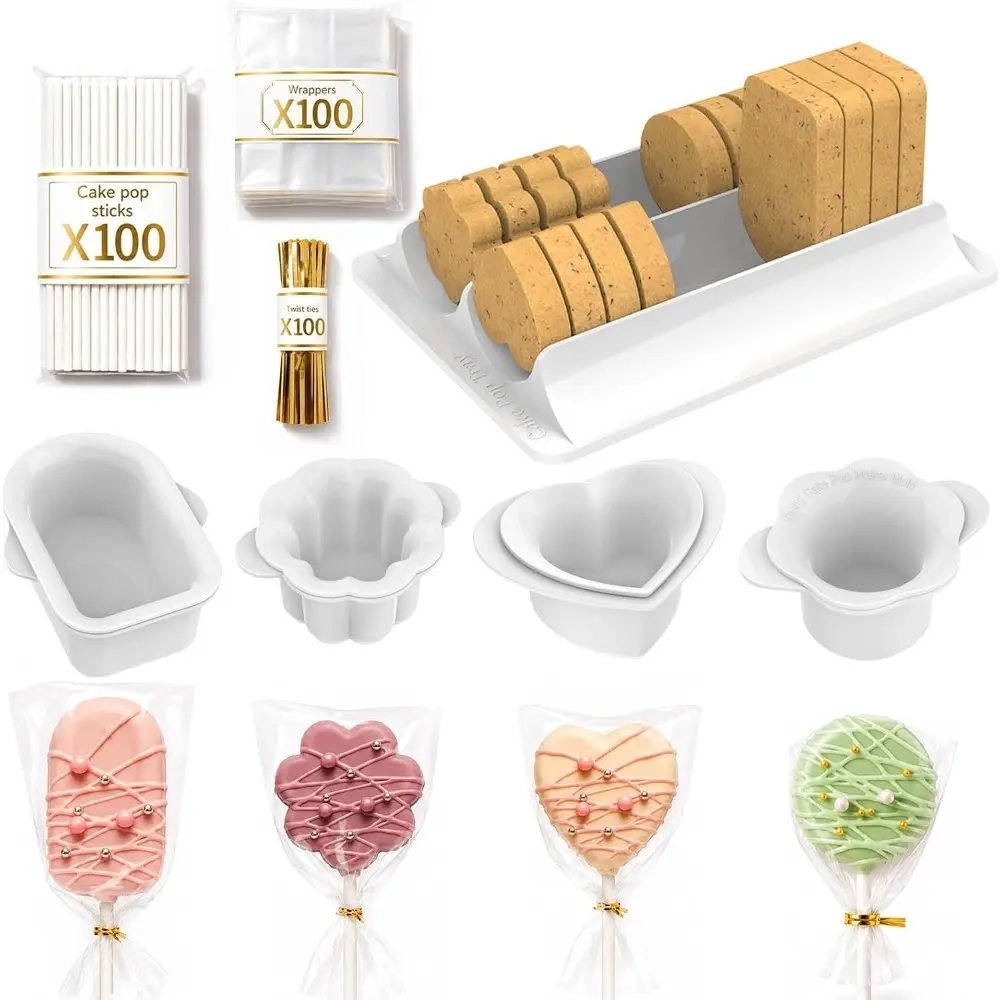 Cake Pop Molds Set, 4 Shapes with Tray, 100 Sticks Wrappers Ties | 4-shape cake pop cutter set with dual-slot tray, plus 100 cake pop sticks, 100 wrappers, and 100 twist ties