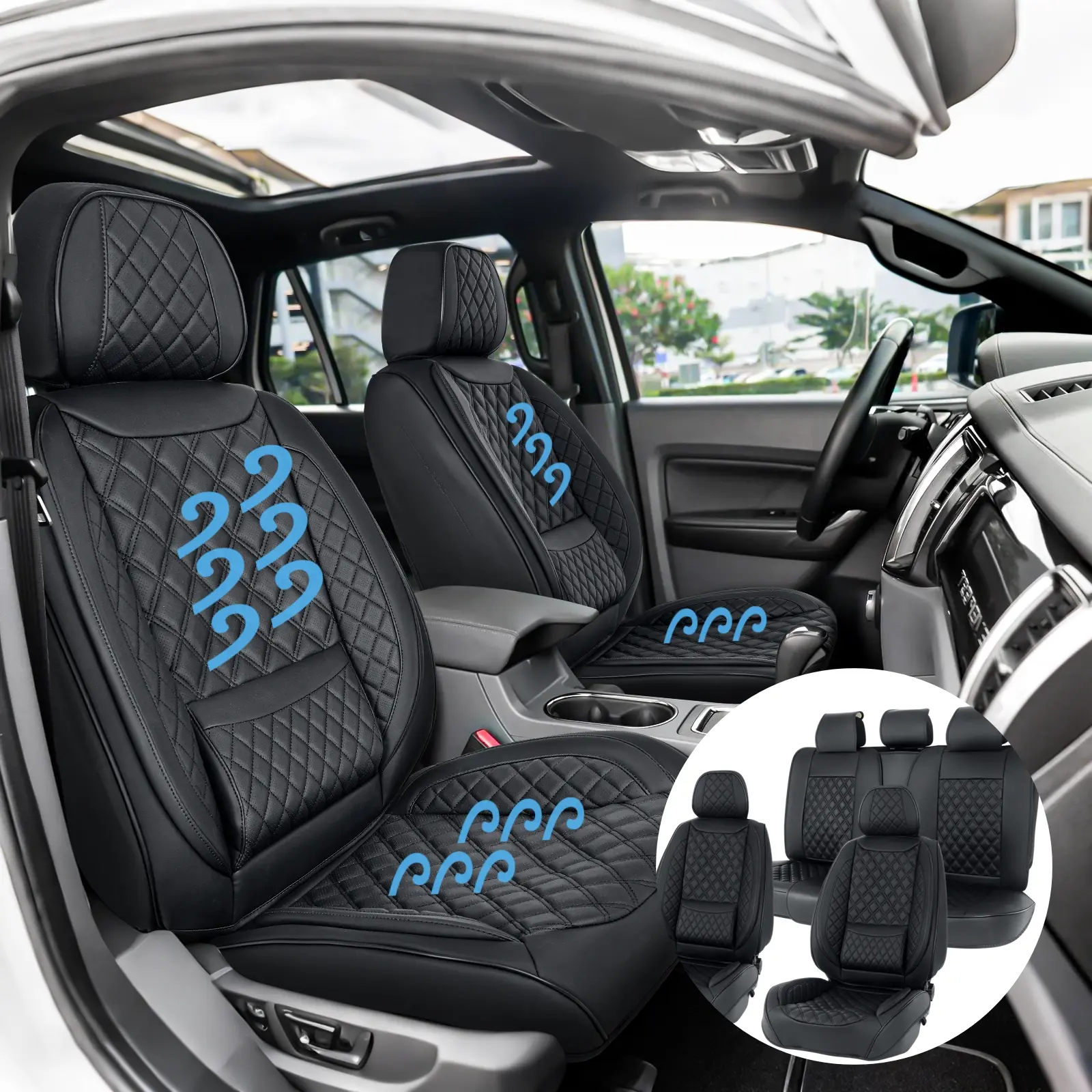 Leather Seat Covers Set (5-Piece), Full Set Car Seat Covers, Black Car Seat Cover, Front and Back Seat Covers, Waterproof Car Seat Cushion,  Seat Covers with Protective Fit for Most Vehicles
