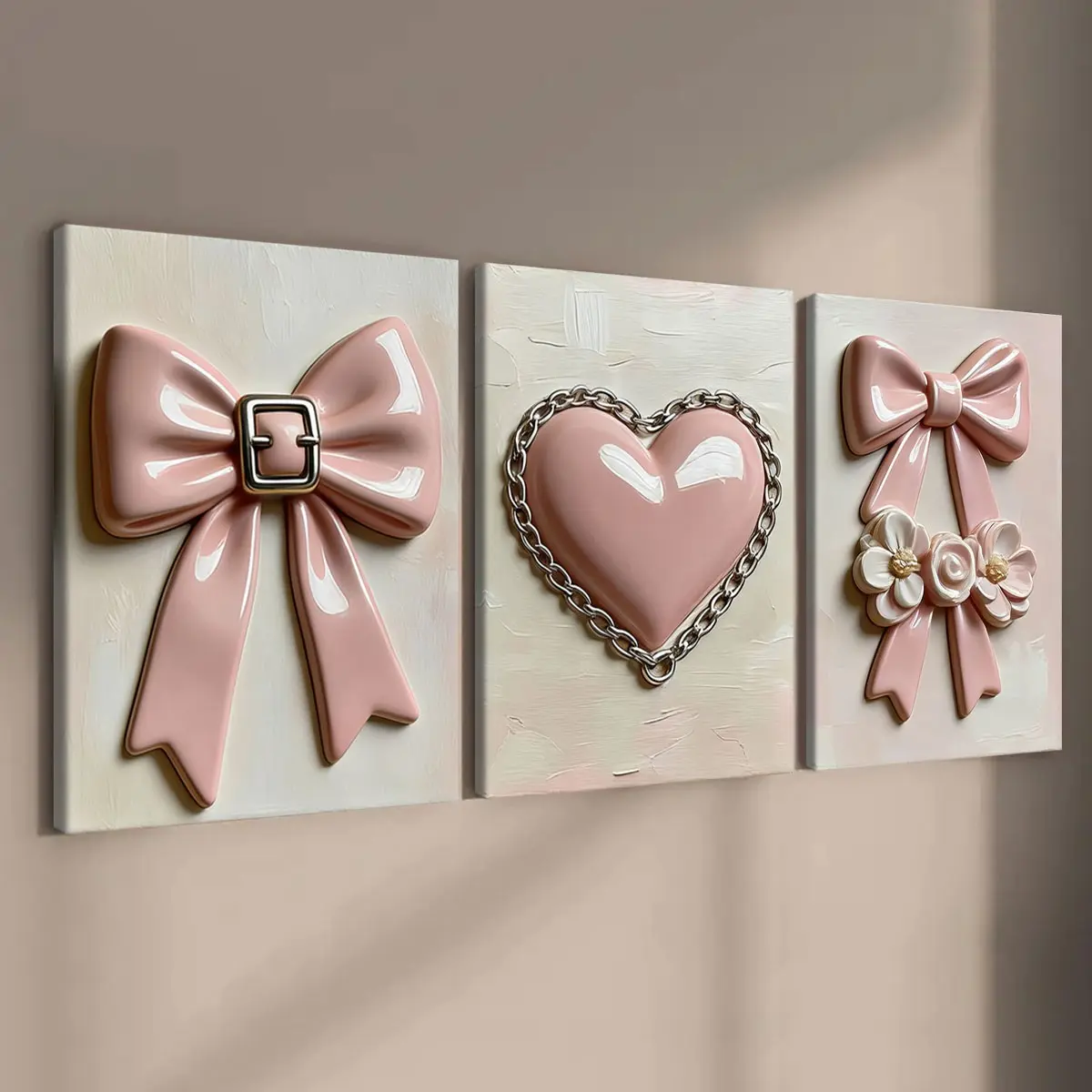 3-Piece Wooden Frame Canvas Art Set, Triple Canvas Painting, Sweet Embossed Bow Heart Design, Modern Home Decor, Aesthetic Wall Decor, Waterproof Wall Art for Living Room & Bedroom