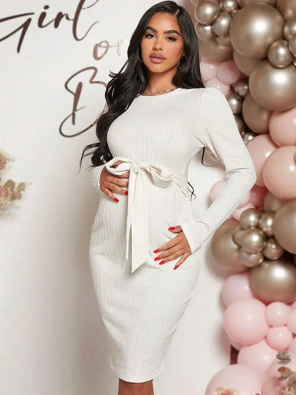 Maternity Belted Dress | Long Sleeve Body-Hugging | Baby Shower & Special Occasion