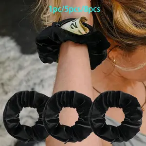 Hair Tie Storage Pouch, 1/5/8pcs Portable Money Hider & Organizer, Zippered Velvet Scrunchie Elastic Hair Tie with Secret Pocket for Keys, Cash, Lipstick, Zippered Closure, Hair Accessories
