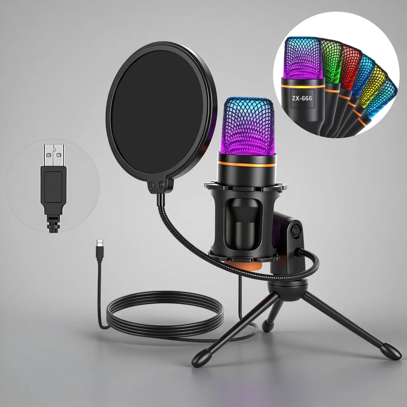 USB Gaming Microphone with 7 RGB Light Modes, Shockproof Stand, Pop Filter, Direct PC Connection No Driver Needed, Live Streaming Equipment, Ideal for Live Streaming Youtube Twitch Tiktok