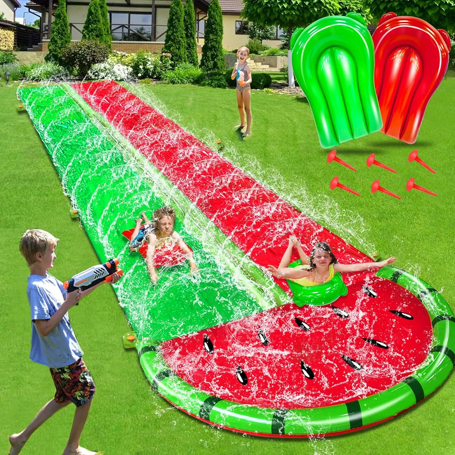 [ Dealsforyoudays ] Watermelon Lawn Water Slides with 2 Bodyboards for Kids Adults, Heavy Duty Water Toys Sprinkler 2 Race Lane Outdoor Summer Beach Swimming Pool Water Game Party, 20 x 5.6 ft