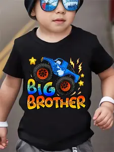 Kids Boys Big Brother Monster Truck T-Shirt, Cool Blue Monster Truck "Big Brother" Graphic Tee, Toddler Short Sleeve Cotton Shirt, Pregnancy Announcement Gift for Big Brother