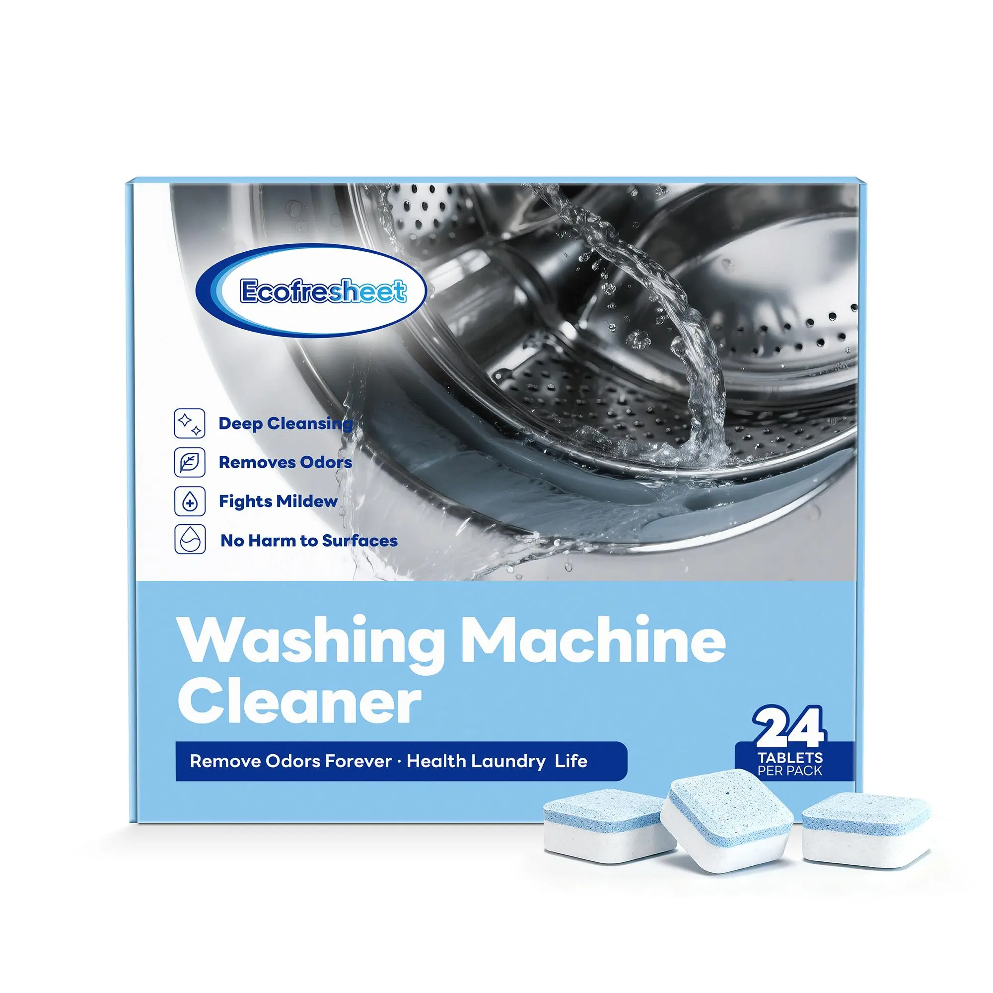 Ecofresheet Household Washing Machine Cleaner Tablets - 24 Pack, 12-Month Supply, Deep Cleaning Descaler for HE, Front Load & Top Load Washers, Odor & Limescale Remover