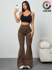 High-Waisted Waist Cinching Women's Yoga Pants, Leopard Print Stretch Wide-Leg Sports Pants, Micro Flare Fitness Yoga Pants, Summer Sport Bell Bottoms, Flared Yoga Pants