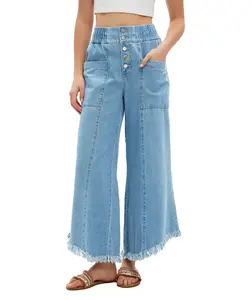 LifeShe Women's Baggy Wide Leg Jeans Elastic Waisted Cropped Denim Pants Loose Boyfriend Raw Hem Jeans
