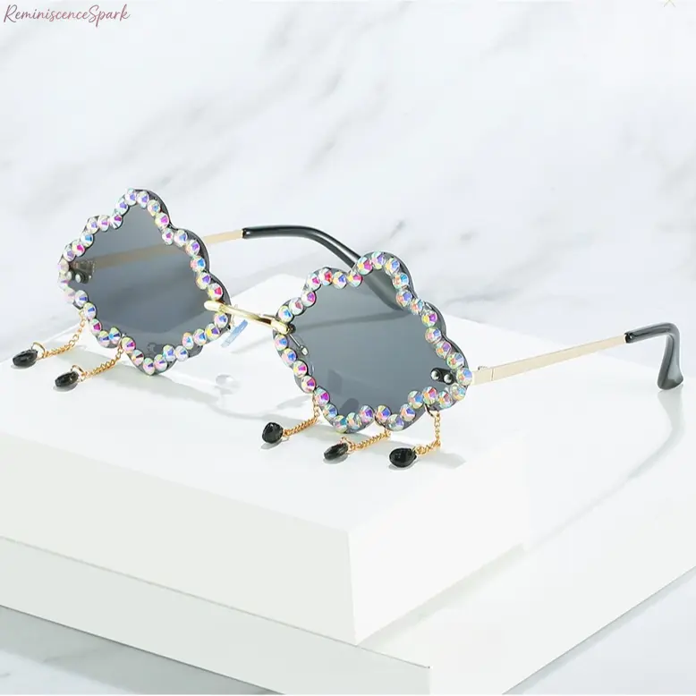 Women's Cloud Silhouette Sports Sunglasses - Glitter Rhinestone Trim, Dangling Charms, UV400 Shield Lens, Playful Glamour, Easy to Wear for Fancy Outdoor Parties, Lightweight Frame