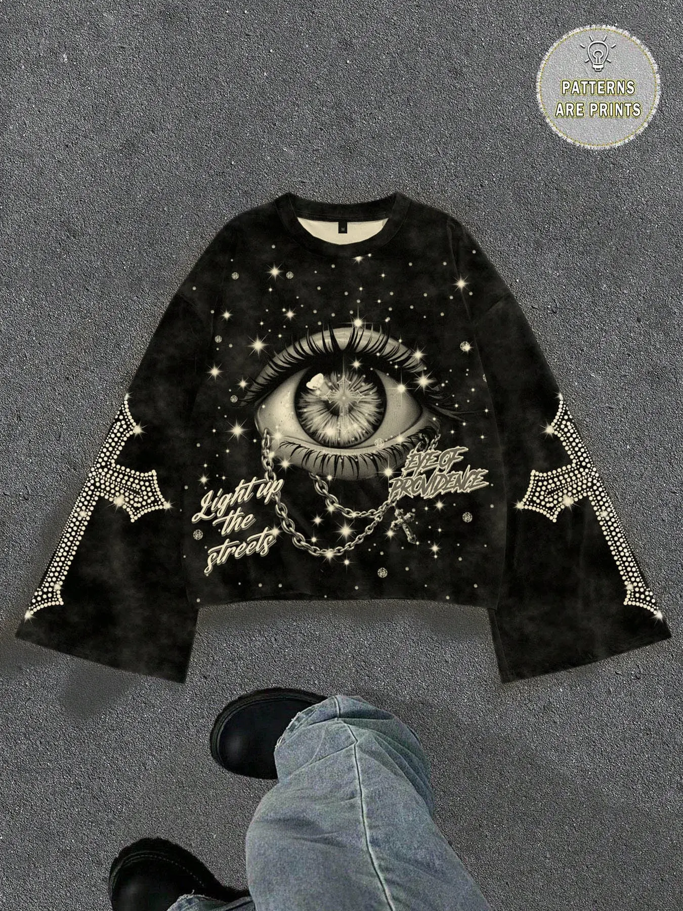 Y2K cross print long sleeved T-shirt with flared sleeves for men's wear, featuring eye aesthetics, Unique Print, geometric patterns, streetwear style, trendy fashion, casual, unisex round neck long sleeved T-shirt suitable for spring and autumn parties