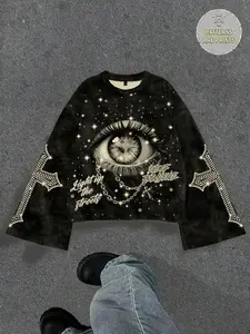 Y2K cross print long sleeved T-shirt with flared sleeves for men's wear, featuring eye aesthetics, geometric patterns, streetwear style, trendy fashion, casual, unisex round neck long sleeved T-shirt suitable for spring and autumn parties