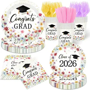 Class of 2026 Graduation Party Supplies, Floral Wildflower Graduation Decorations Includes Plates, Napkins, Cups & Forks, Graduation Tableware Set for 2026 Graduation Party Decorations, Serves 24