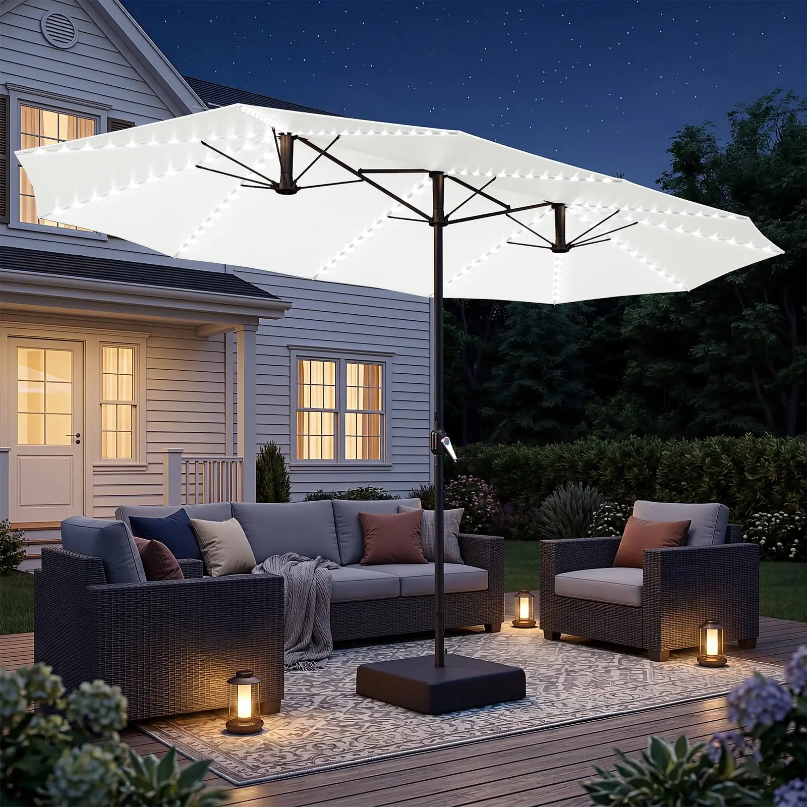 15ft Double-Sided Patio Umbrella with Solar LED Lights, Outdoor Large Rectangular Market Umbrella with Base, Crank Handle & 156 LED Lights for Garden Deck Pool