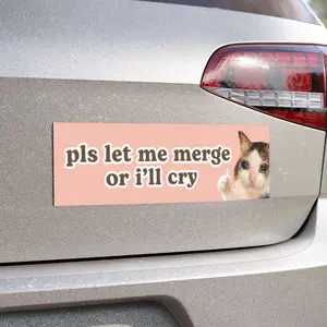 Please Let Me Merge or I'll Cry, Crying Cat Meme Car Bumper Magnet, Funny Cute Pls Car, Waterproof Vinyl Car Decal