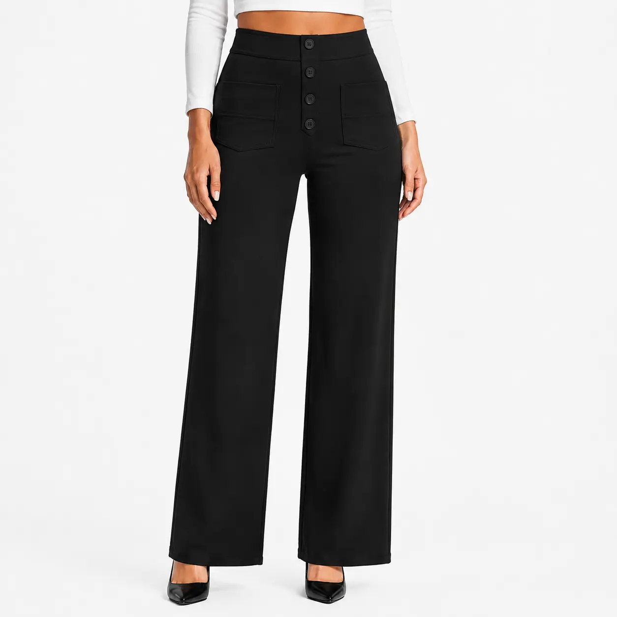 Avamo Women's High Waisted Straight Leg Pants, Stretchy Business Casual Work Pants with 4 Pockets & 4-Button Front, Comfortable Office Dress Pants for Women