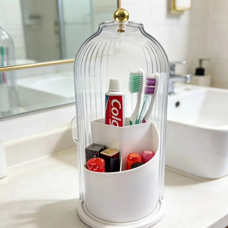 360 Degree Rotating Makeup Brush Holder with Dustproof Lid, Clear Birdcage Cosmetic Organizer with Gold Knob, Waterproof Toothbrush Holder for Bathroom Vanity, Makeup Brushes Lipsticks Skincare Storage Box