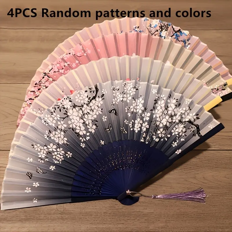 4pcs Traditional Chinese Hand Fans, Vintage Folding Fan, Classical Hanfu Dance Accessories, Party Performance Fan, Summer Bamboo Handle Fan, Flower Design, Gifts