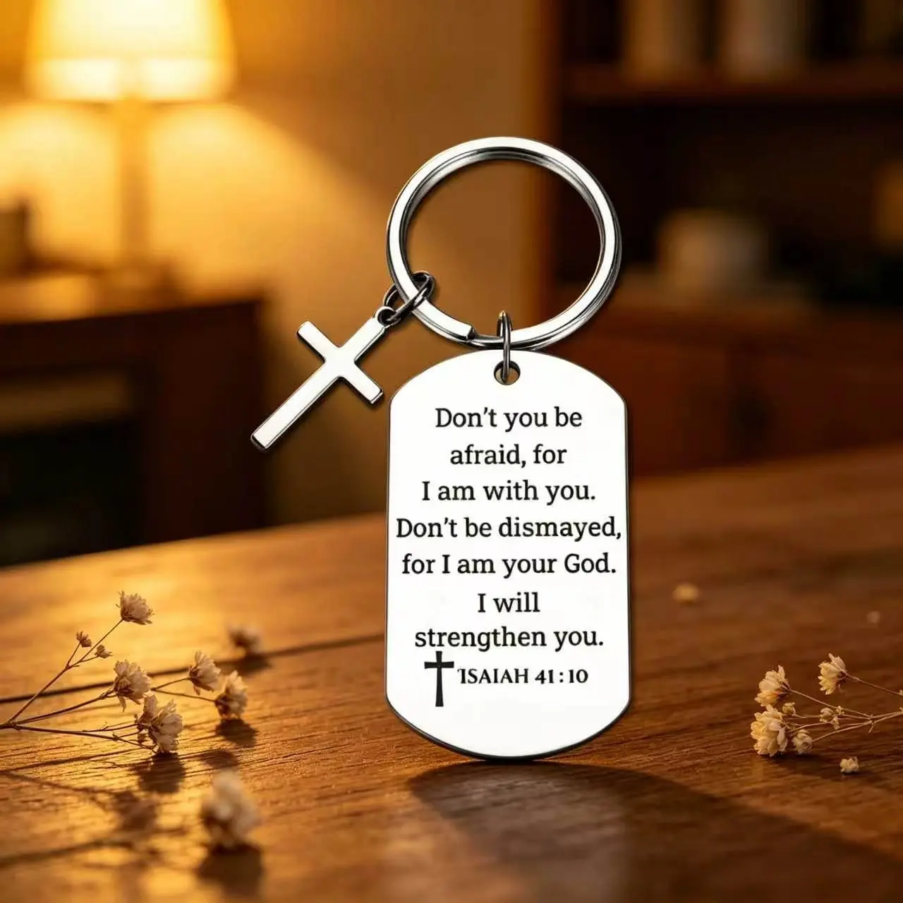 Christian Bible Verse Dog Tag Keychain, Stainless Steel Engraved Scripture Key Ring With Cross Charm, Religious Inspirational Bag & Car Accessory, Faith Encouragement Gift For Family Friend Church Baptism