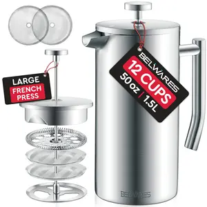 Stainless Steel French Press Coffee Maker – 50oz | Double Layer Insulated Coffee Press with 4-Level Filtration – Rustproof & BPA-Free Modern Espresso & Coffee Brewer – Makes 12 Cups