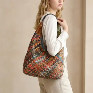 Large Colorful Woven Hobo Bag - Boho Braided Vegan Leather Shoulder Bag - Spacious Multi-color Patchwork Handbag for Women's Daily & Vacation