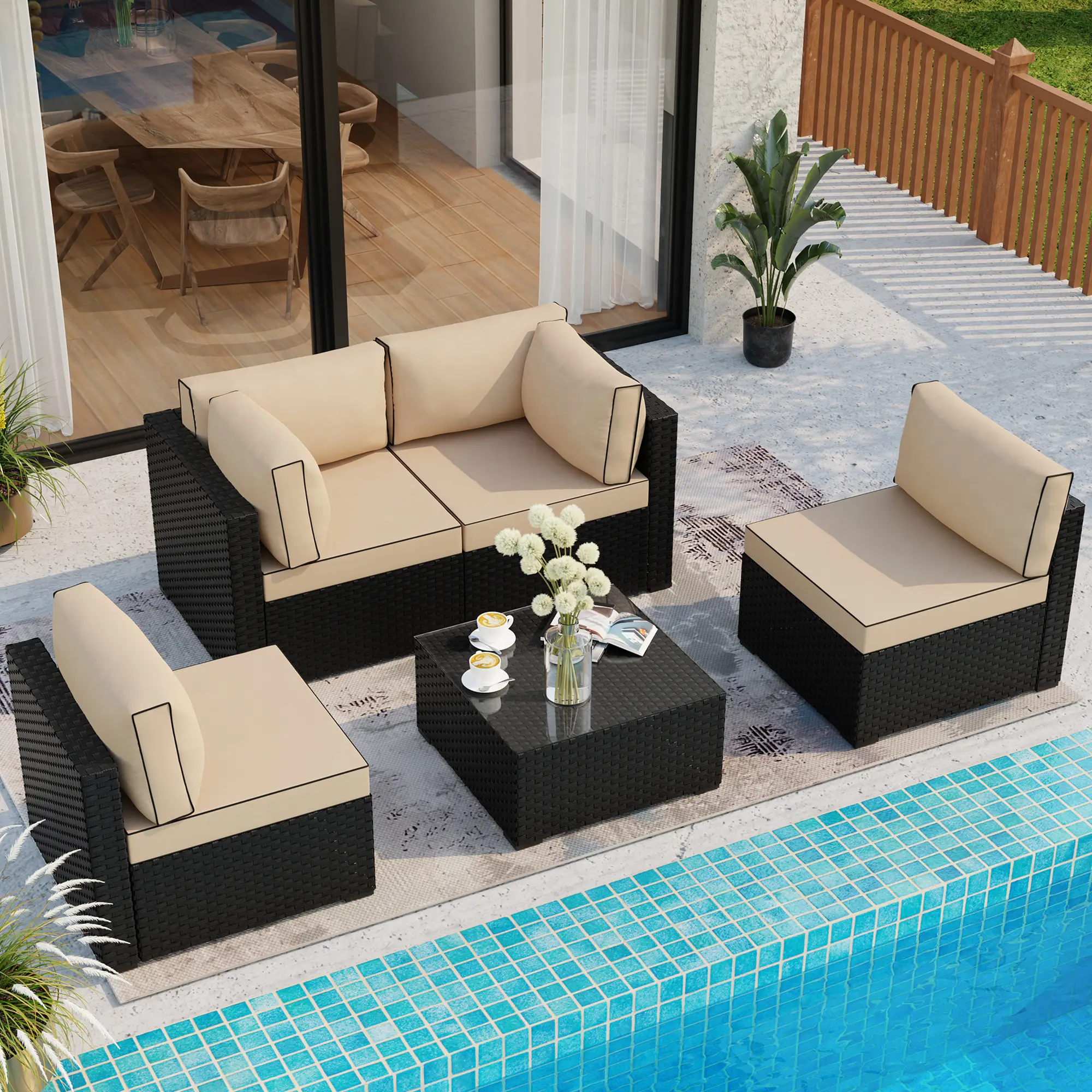 Walsunny 5 Pieces Patio Furniture, Outdoor Sectional Sofa Set, Wicker Couch with Ottoman and Storage Table All-Weather Anti-Slip Cushions, Black and K