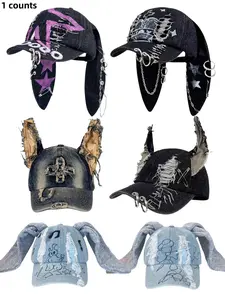 Unisex Wasteland Style Bunny Ear Baseball Cap, Adjustable Snapback Cap, Punk Denim Trucker Hat with Chain, Streetwear Hip Hop Costume for Halloween Party