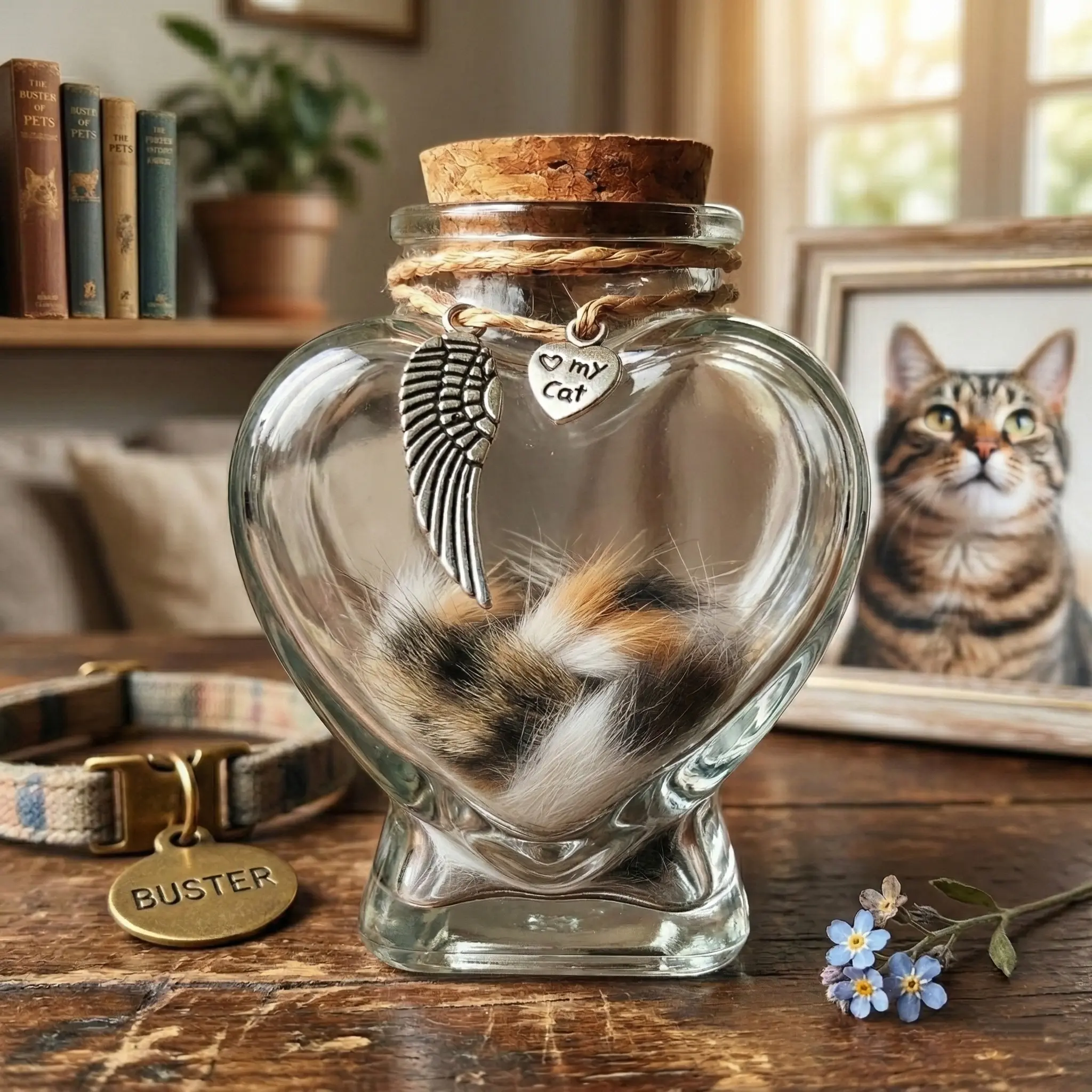 Cat Hair Keepsake Jar - Heart-Shaped Glass Bottle with Angel Wing Charm, Personalized Pet Fur Memento, Cat Loss Sympathy Gift for Home Remembrance Decor