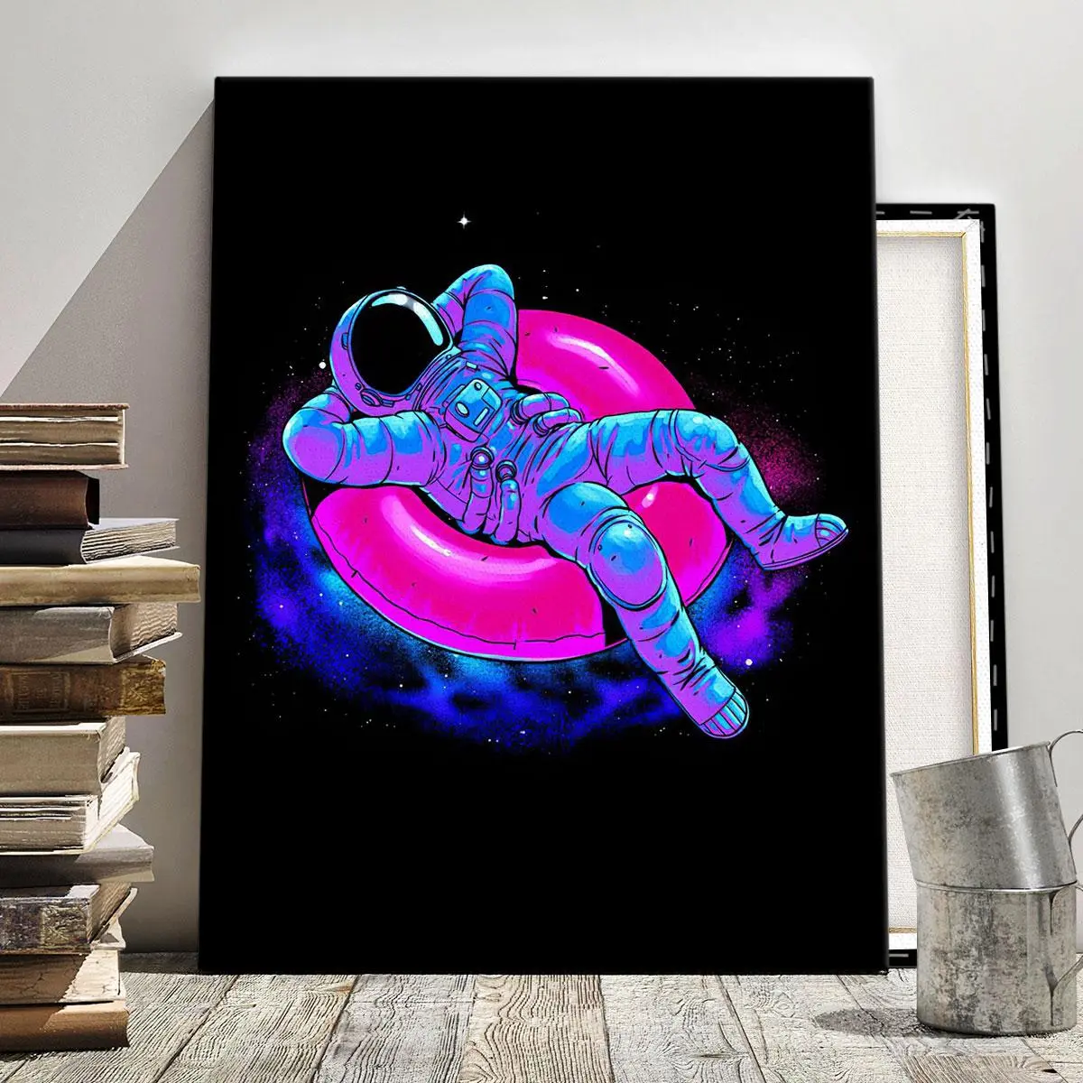 Astronaut Pattern Space Theme Design Canvas Painting with Wood Frame, Modern Cool Design Cartoon Wooden Wall Art Print Poster, Wall Decor for Home Living Room Bedroom Office Decoration Items, Decorative Artwork, Room Decorations