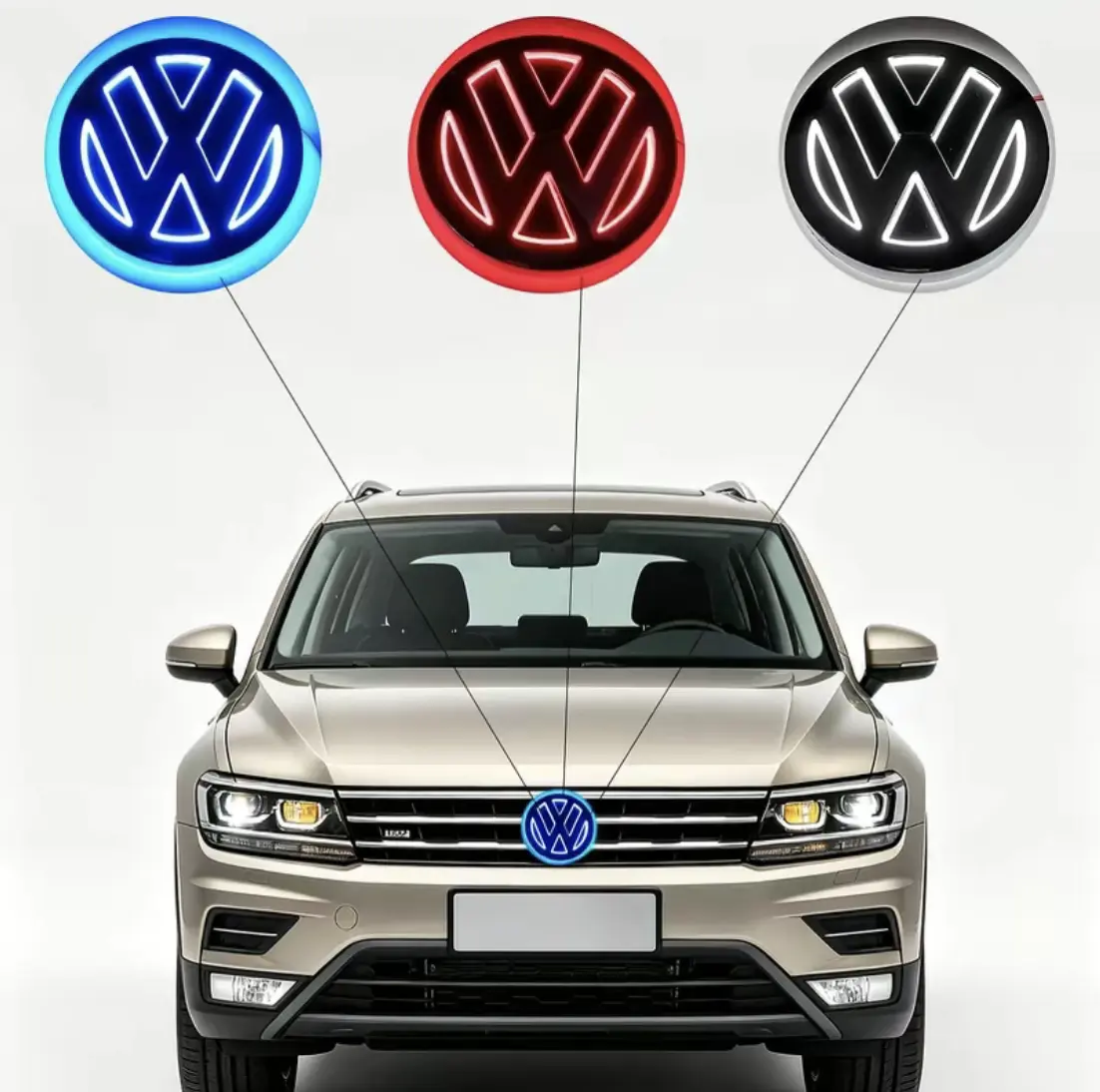 LED Light-Up Volkswagen Car Emblem Badge - 3-Color Red, Blue, White Logo Lights, Waterproof Easy-Install Plug-And-Play Replacement, Automotive Decoration, LED Badges Decals for Front Grille, Rear Modification Car Exterior Accessory