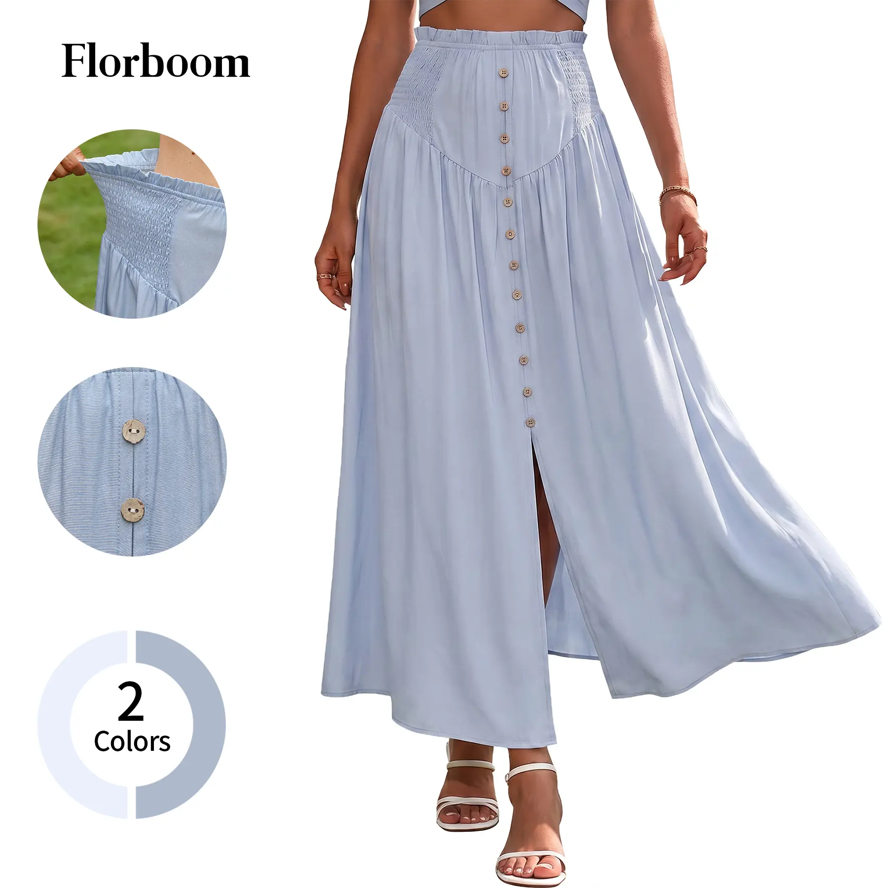 Florboom Women's High Waisted Maxi Skirt, Smocked Elastic Waist Button Front Split Flowy Skirt, Boho A-Line Long Skirt for Beach Vacation Resort Summer Casual Daily Wear