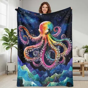 Colorful Cosmic Octopus Flannel Blanket Galaxy Ocean Art Print Design Soft Warm Lightweight Cozy Throw Ideal for Bedroom Living Room Travel Meditation Space Birthday Gift Home Decor Relaxation Moments