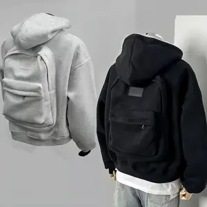 Unisex Boxy Zip Hoodie With Integrated Backpack, 320G Heavy Fleece Cropped Streetwear Jacket For Men Women