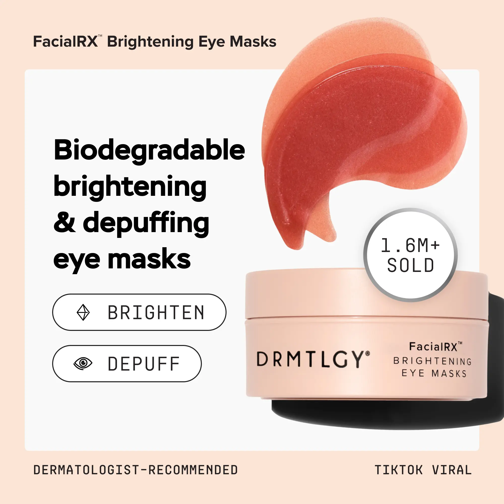DRMTLGY FacialRX Brightening Eye Masks (60 ct) with Peptides, Caffeine, and Hyaluronic Acid Lightweight Moisture