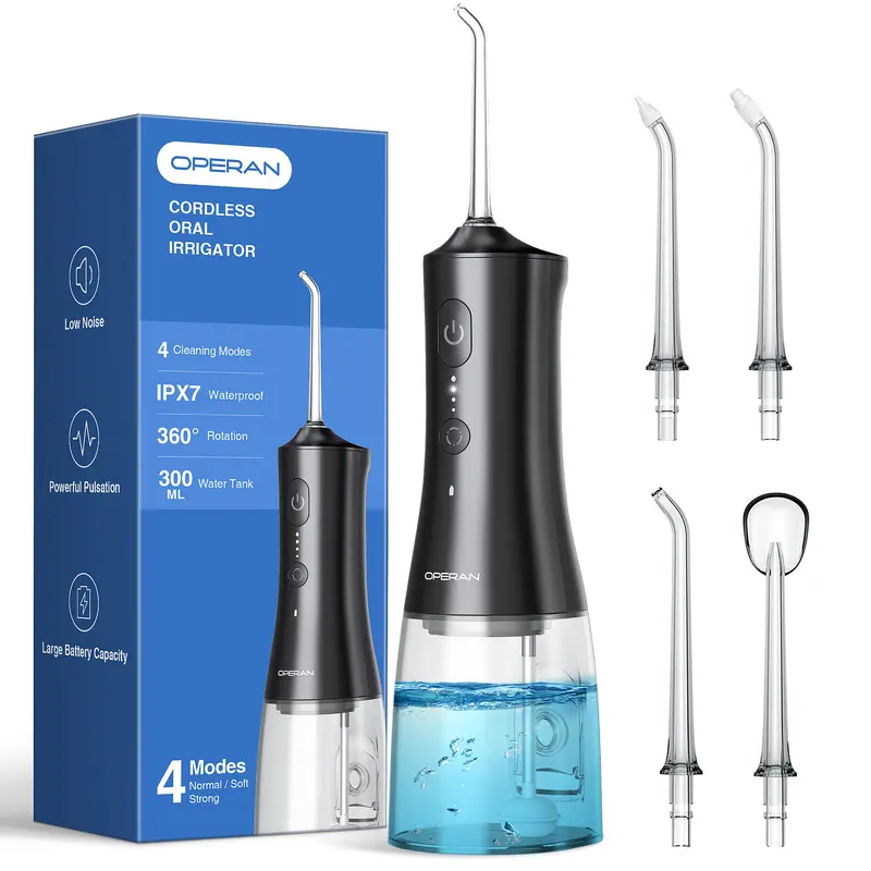Operan C200/869 Plastic Cordless Water Dental Flosser - Portable Rechargeable USB Oral Irrigator, 300ML, IPX7 Waterproof, 360° Rotatable Multifunctional Tips for 360° Tonsil Clean, 4 Modes, Eco-Friendly Plaque Remover for Home&Travel, Braces Care Support