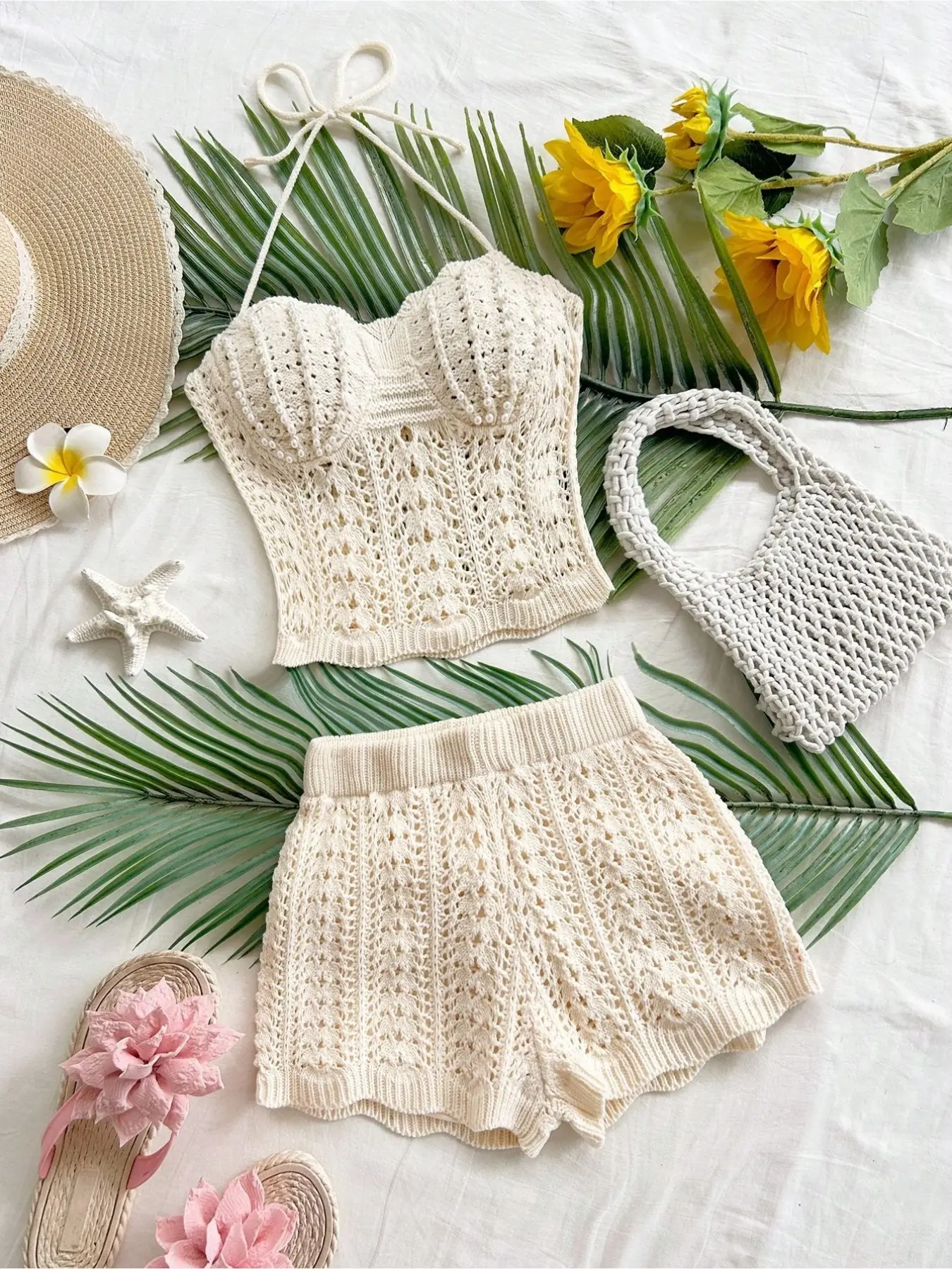 2026 Summer White Knit Two Piece Set For Women Halter Crochet Crop Top And Shorts Set Hollow Out Beach Outfit Vacation Matching Sets Boho Casual Streetwear Y2K Co Ord
