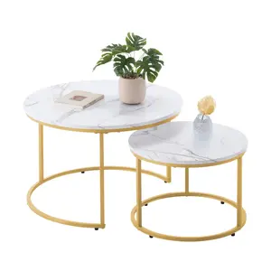 Nesting Coffee Table Set Of 2, 27.6-In Round Coffee Table, Nesting Tables For Small Space, Vintage End Side Tables Night Stand With Metal Frame, For Living Room, Bedroom, Office (White & Gold)