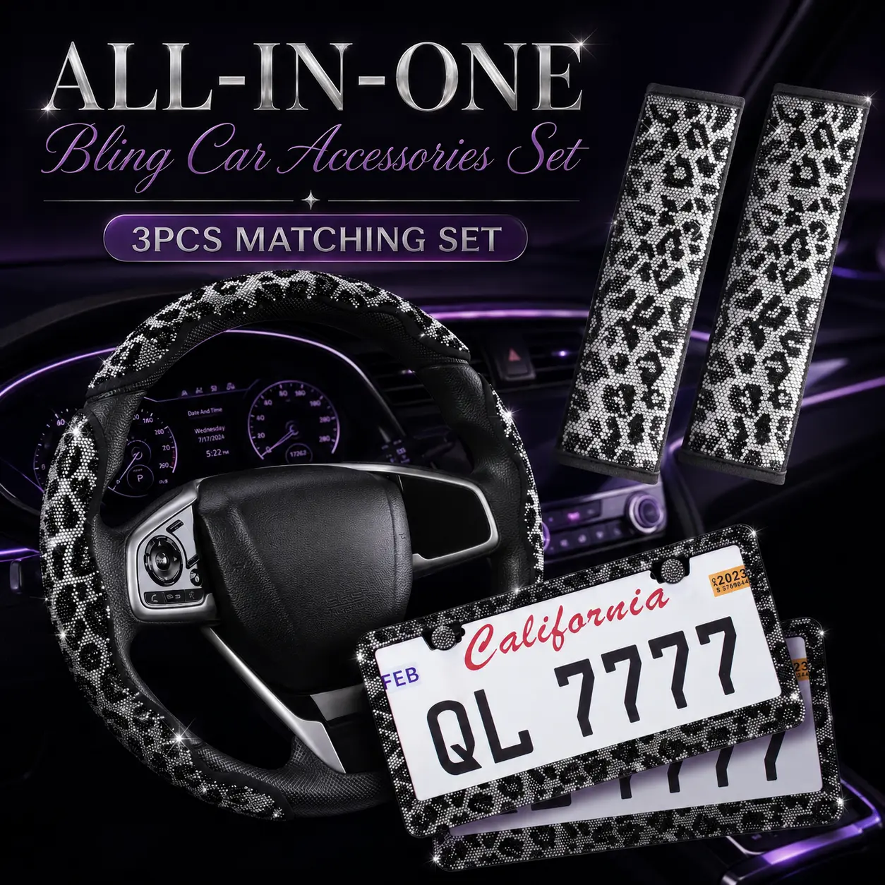 Queen’s Land Leopard Bling Sparkly Car Accessories Set with Crystal Rhinestones, Girly Car Decor Steering Wheel Cover, License Plate Frame, Seat Belt Pads, Car Accessories for Women Gift