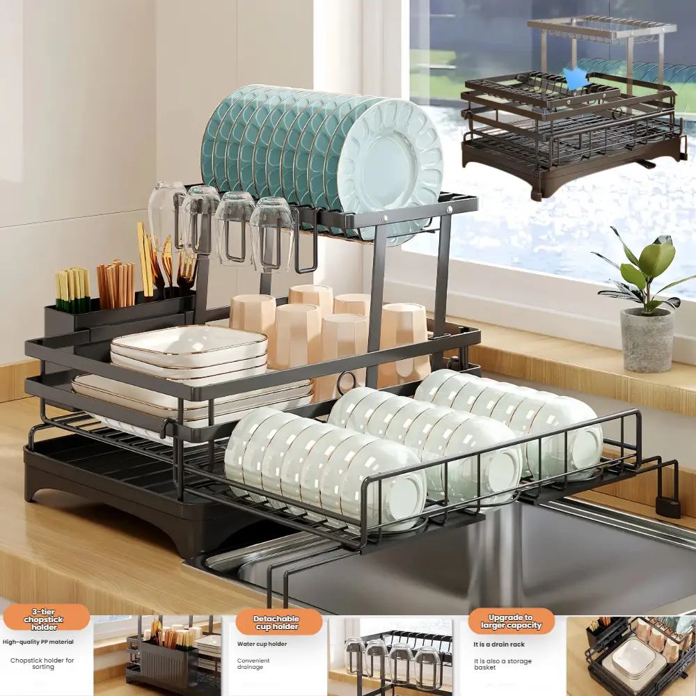 Foldable Stainless Steel 2-Tier Dish Drying Rack with Utensil Box, Holder, Bowl Capacity - Stretchable-Expandable for 4-Cup Pull-Out, Efficient Small Kitchen Organizer with Functionality, Adaptability, Space Between & Kitchen Accessories