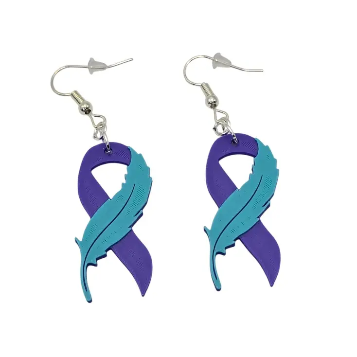 Feather Purple & Teal Awareness Ribbon Earrings 3D Printed Hypoallergenic Nickel-Free Hooks for Suicide Prevention & Sexual Assault Support