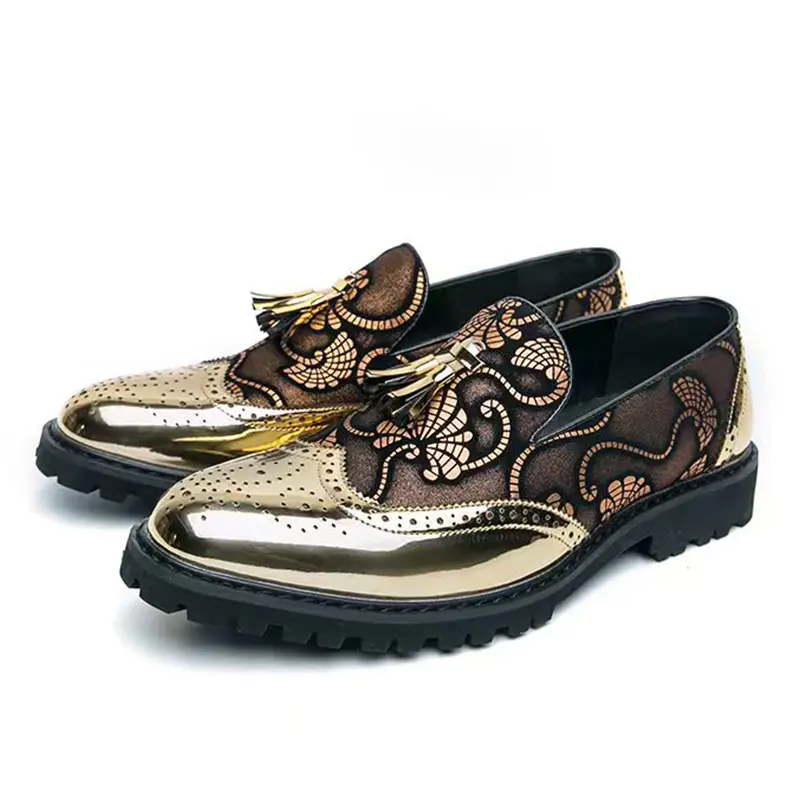 Men's Baroque Pattern Gold Metallic Slip-On Loafers with Statement Tassel, Formal Dress Shoes for Party, Prom, Wedding Tuxedo Footwear