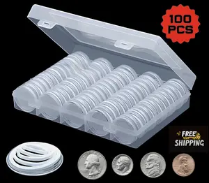 100PCS 30MM Clear Round Coin Capsules Plastic Coin Holders with White Gaskets & Storage Box for U.S. Quarters & World Coins - Transparent, Bottles