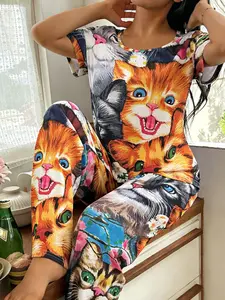 Women's Cute Animal Cat Pattern Pajama Set, Pjs, Pyjamas, Womenswear, Comfortable Sleepwear, Loungewear, Casual Short Sleeve T-Shirt and Elastic Loose Waist Pants, Ideal Gift Choice