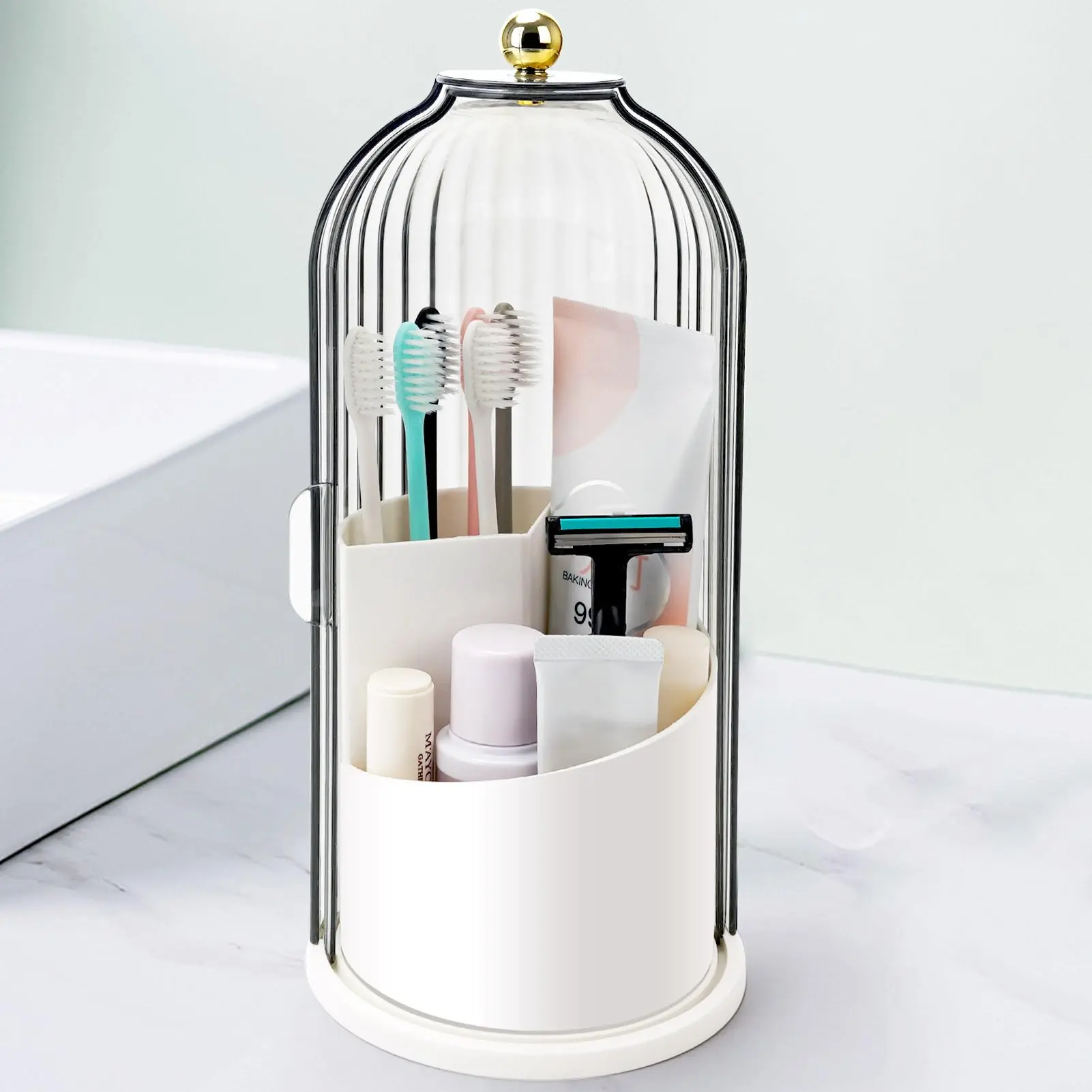 Dustproof Toothbrush Holders with Cover for Bathrooms, Rotating Covered Tooth Brush Holder for Bathroom Counter, Dust Proof Plastic Makeup Brush Holder Organizer with Sliding Lid for Vanity, Grey White