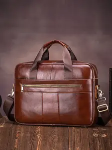 Vintage Genuine Leather Briefcase for Men Large Capacity Business Commuter Laptop Bag Cowhide Single Shoulder Office Bag